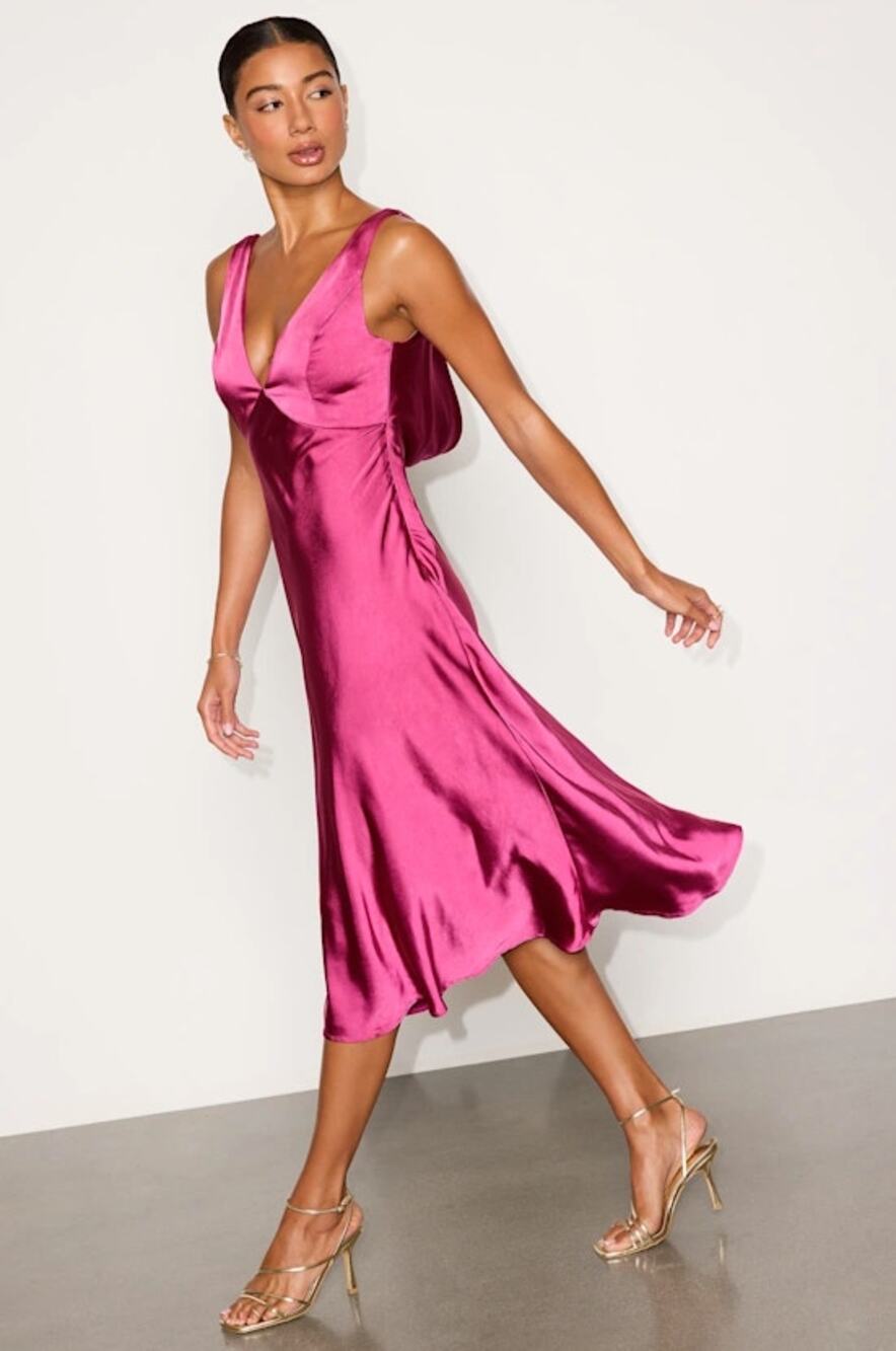 LULUS Incredible Love Magenta Satin Cowl Back Midi Slip Dress Sz XS NWT {3U33}